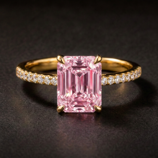 Pink Emerald‑Cut Moissanite Engagement Ring, Yellow Gold Pave Side Stone Band Ring for Women