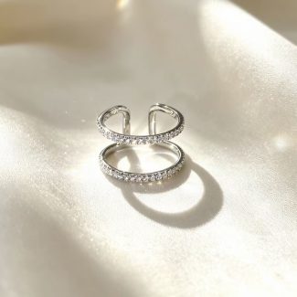 Sparkling Double Layer Pave CZ Open Band Silver Statement Ring