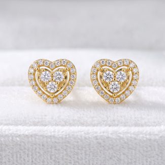 Heart‑Shaped Halo Moissanite Stud Earrings, Yellow Gold Pave Cluster Earrings for Women