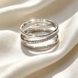 Three‑Band Overlapping Pave Cubic Zirconia Silver Bridal Band