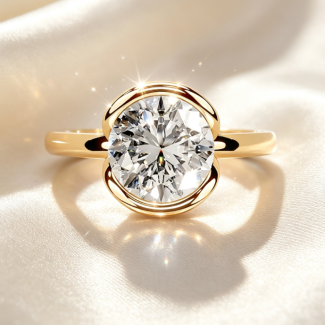 Handcrafted Yellow Gold Bezel Set Round Diamond Engagement Ring, Classic Bridal Wedding Band
