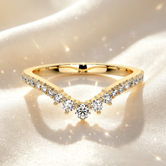 Curved Chevron Diamond Stacking Ring, 14K Yellow Gold Ladies Wedding Guard Band