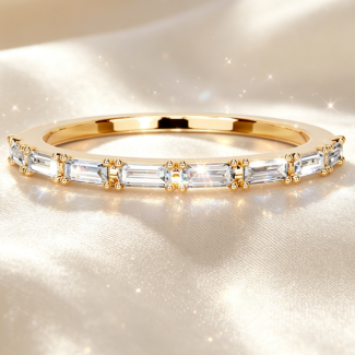 Bead‑Set Baguette Diamond Wedding Band, Ladies Yellow Gold Stacking Ring