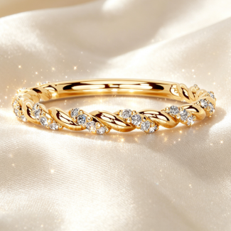 Braided Rope Design Diamond Wedding Band, Solid Yellow Gold Promise Ring for Women