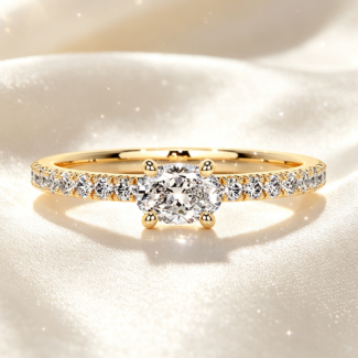 Dainty Oval Diamond Engagement Ring, Pave Set Band 14K Yellow Gold Bridal Ring