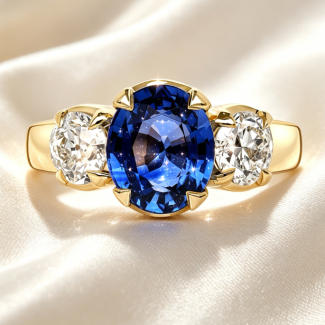Luxury Three‑Stone Oval Sapphire Diamond Ring, Solid Yellow Gold Fine Jewellery