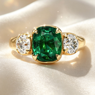 Luxury Three‑Stone Oval Emerald Diamond Ring, Solid Yellow Gold Fine Jewelry