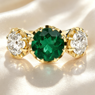 Antique Style Round Emerald Two‑Stone Side Diamond Fine Jewelry Ring