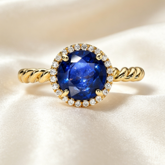 Vintage Halo Round Blue Sapphire Diamond Twisted Band Fine Jewelry Ring