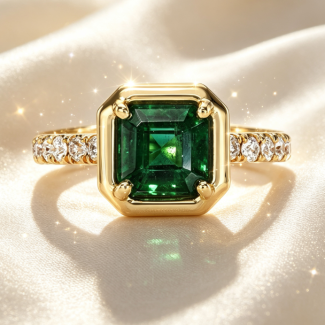Emerald‑Cut Natural Emerald Pave Diamond Band Ring, 14K Yellow Gold
