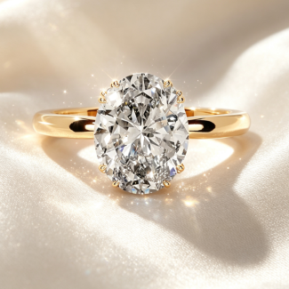 Oval Cut Hidden Halo Diamond Engagement Ring, Solid 14K Yellow Gold