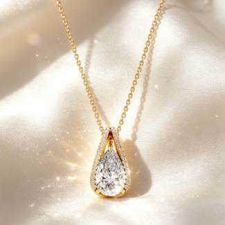Pear‑Shaped Halo Diamond Pendant Necklace, Solid 14K Yellow Gold Dainty Chain