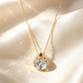 Premium Yellow Gold Cushion Halo Diamond Bridal Wedding Pendant Necklace