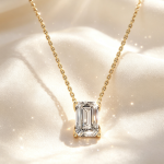 Emerald‑Cut Solitaire Diamond Pendant Necklace, Solid 14K Yellow Gold Dainty Chain