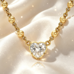 Heart‑Shaped Solitaire Diamond Beaded Link Chain Pendant Necklace, Solid 14K Yellow Gold