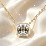 Asscher‑Cut Solitaire Diamond Bezel Set Pendant Necklace, Solid 14K Yellow Gold Cable Chain