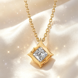 Princess‑Cut Diamond Star Frame Pendant Necklace, Solid 14K Yellow Gold Cable Chain