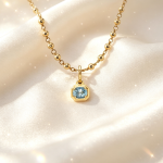 Handcrafted Yellow Gold Beaded Chain Aquamarine Solitaire Pendant Gift for Her
