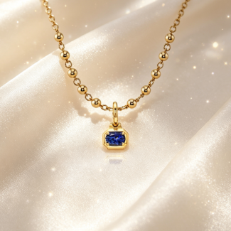Handcrafted Yellow Gold Beaded Chain Sapphire Solitaire Pendant Luxury Gift for Her