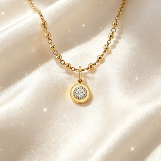 Round Halo Diamond Disc Pendant Necklace, 14K Yellow Gold Beaded Ball Chain