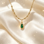 Dainty Gold Beaded Chain Teardrop Emerald Necklace, Minimal Luxury Fine Jewelry