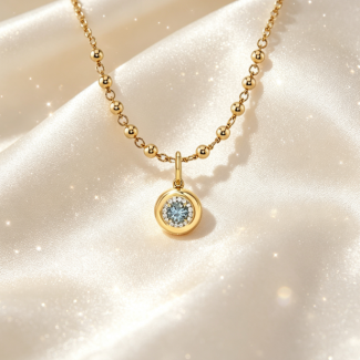 Round Aquamarine with Diamond Halo Gold Pendant, Elegant Everyday Layering Necklace