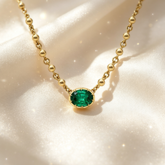 Oval‑Cut Emerald Solitaire Station Necklace, 14K Yellow Gold Beaded Ball Chain