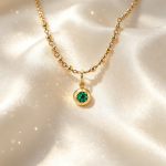 Handcrafted Yellow Gold Beaded Chain Emerald Solitaire Pendant Gift for Her