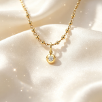 Handcrafted Yellow Gold Beaded Chain Diamond Solitaire Pendant Gift for Her