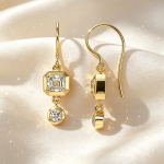 Asscher‑Cut & Round Diamond Two‑Tier Gold Fish Hook Earrings
