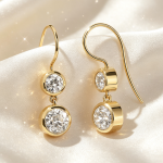 Double Round Bezel‑Set Diamond Gold Fish Hook Drop Earrings