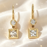 Round & Square Bezel‑Set Diamond Gold Fish Hook Drop Earrings