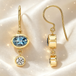 Elegant Bezel Blue Gemstone Gold Fish Hook Drop Earrings