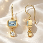 Delicate Bezel Blue Aquamarine & Accent Diamond Gold Earrings