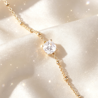 Four‑Prong Cushion‑Shaped Diamond Beaded Yellow Gold Bracelet